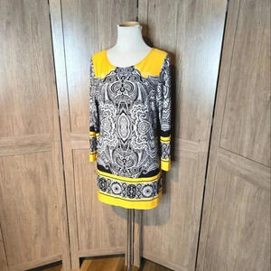 Sunny Leigh Paisley Print Dress Yellow Black 3/4 Sleeve Size Medium